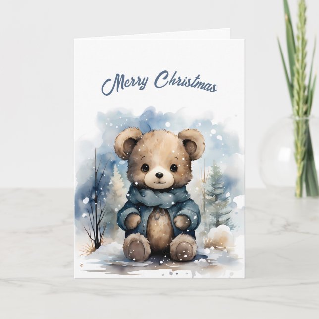 Cartão Ilustração do Urso Azul de Natal (Frente)