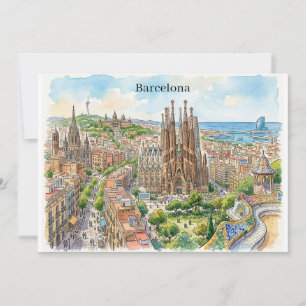 Cartão Ilustração em Aquarela da Paisagem Urbana de Barce