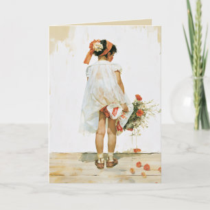 Cartão Ilustração em Aquarela de Menina com Flores