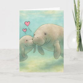 Cartão Ilustração em Aquarela de Peixe-Boi Mãe e Bebê –