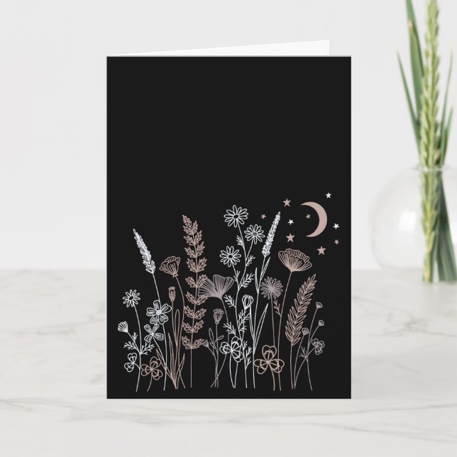 Cartão Ilustração Floral Noturna Boho – Lua, Estrelas & (Frente)