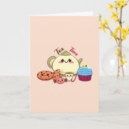 Cartão Ilustração Fofa e Kawaii de Hora do Chá e Doces