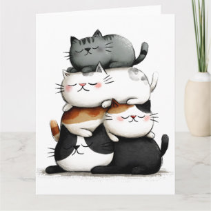 Cartão Ilustração Whimsical de uma Pilha de Gatos Adoráve