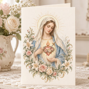 Cartão Imaculado Coração de Maria Floral Católico Vintage