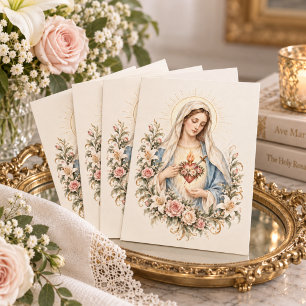 Cartão Imaculado Coração de Maria Floral Católico Vintage