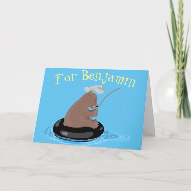 Cartão Imagem de desenho animado de pesca de urso-gato (Frente)