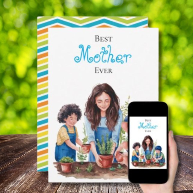 Cartão Imagem em aquarela da lição de plantar de mãe e fi (Criador carregado)