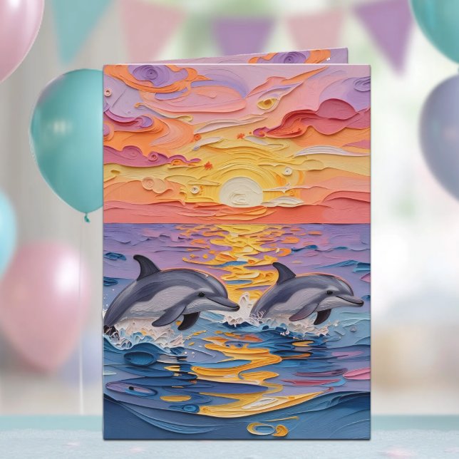 Cartão Impasto Dolphins and Ocean Waves | Happy Birthday (Criador carregado)