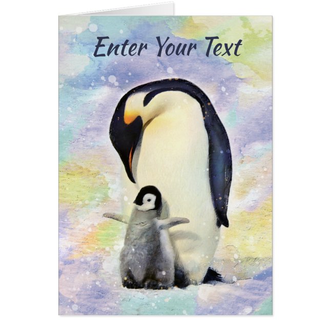 Cartão Imperador Pinguim com Pintinho de Bebê (Frente)