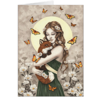 Cartão In the garden girl with fox and butterflies