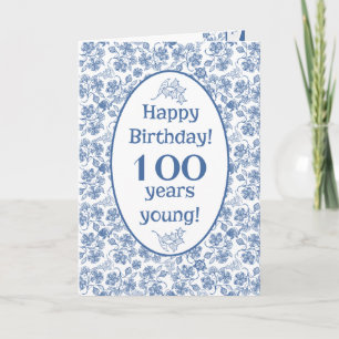 Cartão Indigo Blue on White Floral 100th Birthday Card