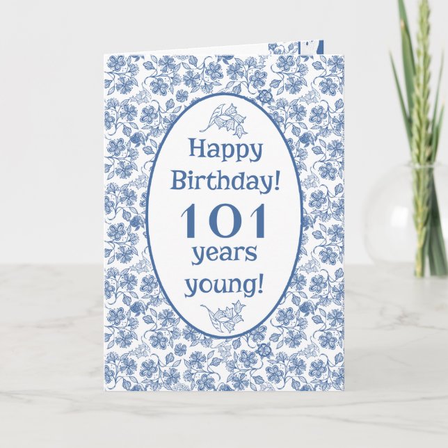 Cartão Indigo Blue on White Floral 101st Birthday Card (Frente)
