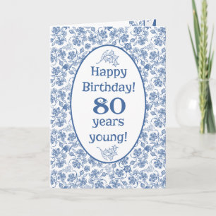 Cartão Indigo Blue on White Floral 80th Birthday Card