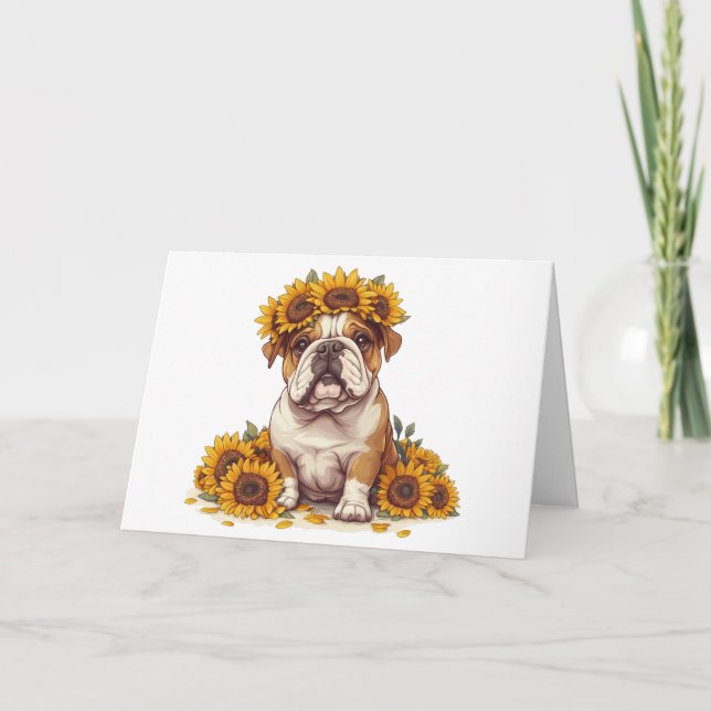 Cartão Inglês Bulddog Sunflower Crown (Frente)
