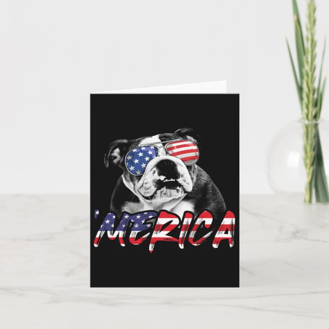Cartão Inglês Buldogue 4 de julho Americano Flag Dog Love (Frente)