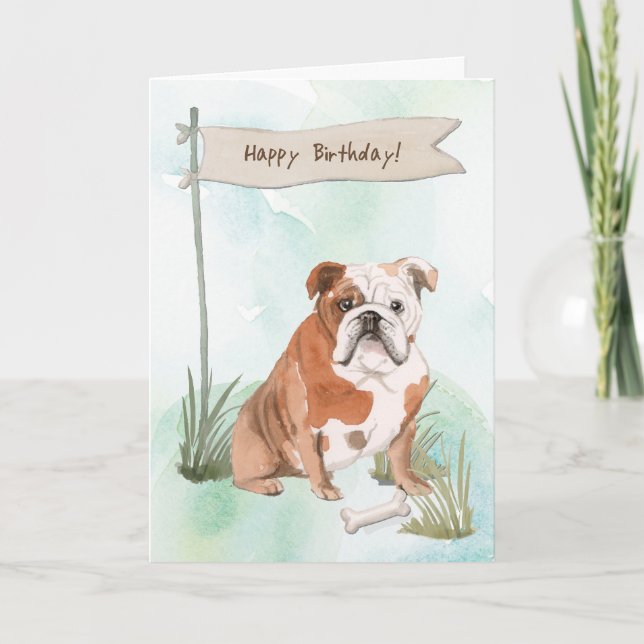 Cartão Inglês Buldogue Cão Sob Sinal De Aniversário (Frente)