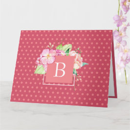 Cartão Inicial personalizada floral aquarela em rosa cora