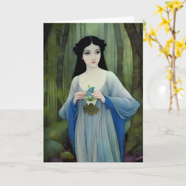 Cartão Ink Wash Ilustração de Linda Mulher em Florestas (Flor Amarela)