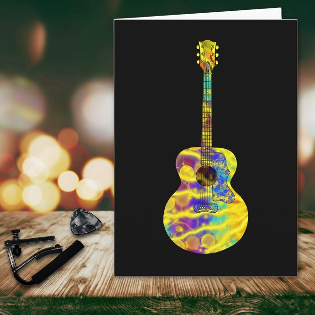 Cartão Instrumento Musical Acústico de Arte Psicodélica (Funky psychedelic acoustic guitar birthday greetings card)