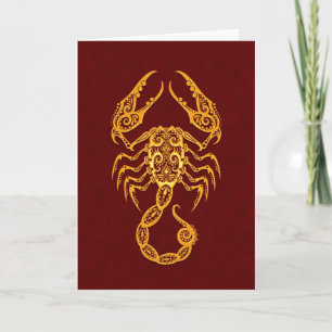 Cartão Intricate Yellow Scorpio Zodiac on Red