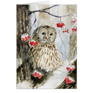 Cartão Inverno da neve da coruja barrada