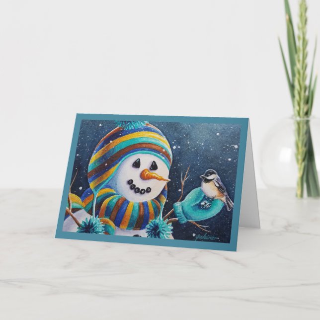 Cartão Inverno Snowman Alimenta Arte De Aquarela De Frang (Frente)
