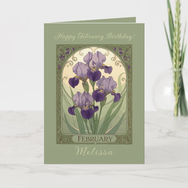 Cartão Iris Birthday Flowers February Art Nouveau Style (Frente)