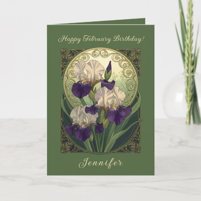 Cartão Irises February Birthday Flowers Art Nouveau Style (Frente)