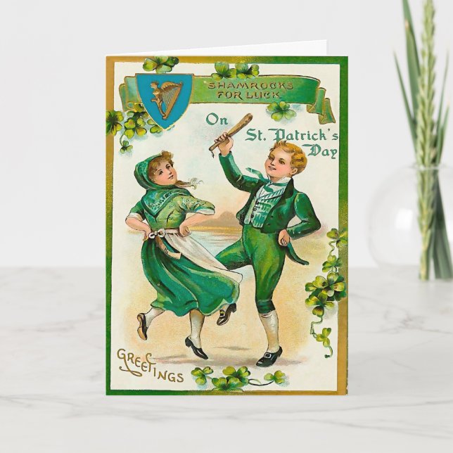 Cartão Irish boy and girl dancing on St. Patrick's Day (Frente)