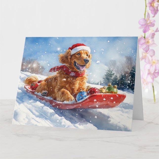 Cartão Irish Red Setter em Sledge Deixe-o nevar no Natal (Orquídea)