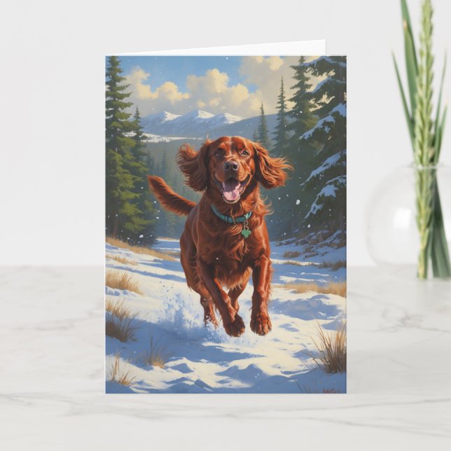 Cartão Irish Setter passando por uma arte de Natal (Frente)