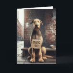 Cartão Irish Wolfhound 50th Birthday Humor<br><div class="desc">Numa rua da cidade,  um cão Wolfhound irlandês senta-se contra um muro de tijolos,  segurando um cartaz de aniversário humorístico para o 50º aniversário. Todo o texto pode ser alterado.</div>