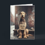 Cartão Irish Wolfhound 50th Birthday Humor<br><div class="desc">Numa rua da cidade,  um cão Wolfhound irlandês senta-se contra um muro de tijolos,  segurando um cartaz de aniversário humorístico para o 50º aniversário. Todo o texto pode ser alterado.</div>