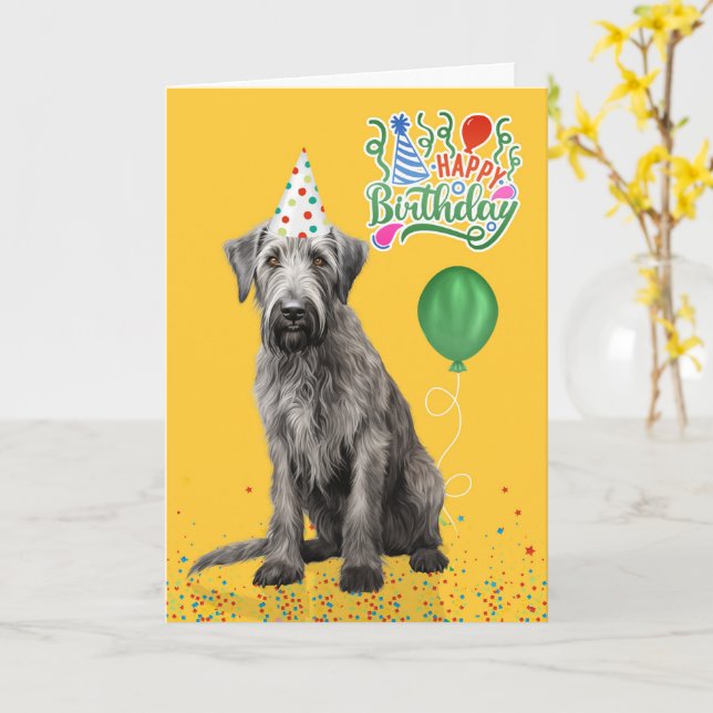 Cartão Irish Wolfhound Dog Party Hat Yellow Birthday (Flor Amarela)