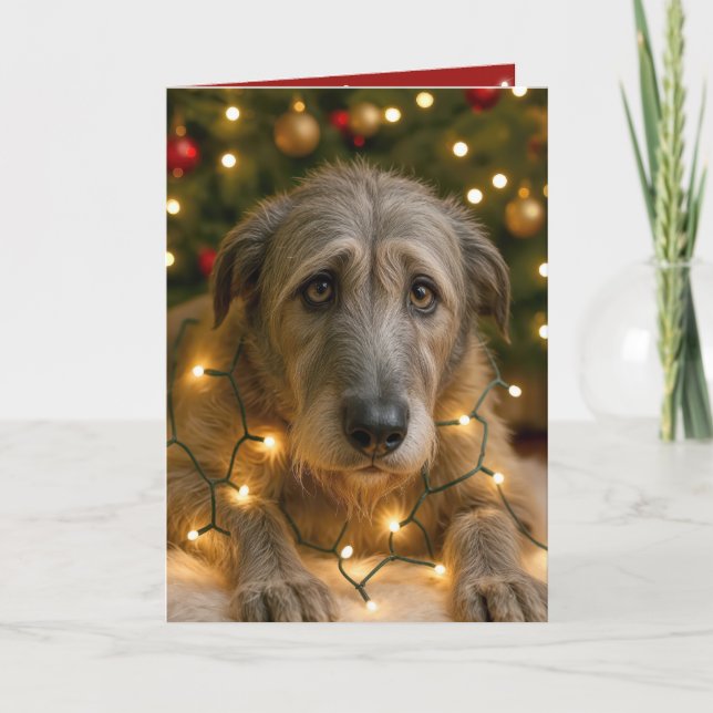 Cartão Irish Wolfhound Tangled In Holiday Lights (Frente)