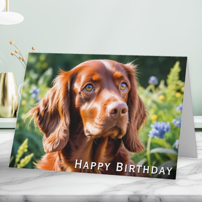 Cartão Irlandês Red Setter Dog Aniversário de Sobrevivênc (A birthday card with picture of an Irish Red Setter dog in a garden)