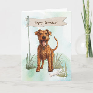 Cartão Irlandês Terrier Dog Lá Fora Sob Sinal De Aniversá