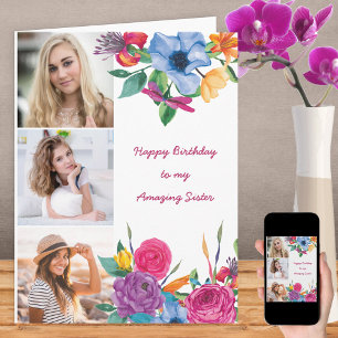 Cartão Irmã 3 Foto Brilhante Aquarela Floral Aniversário