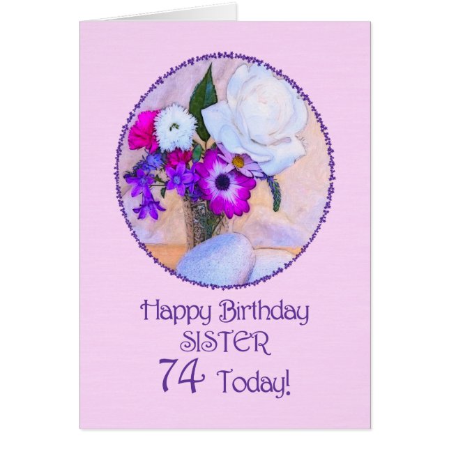 Cartão Irmã, 74 anos com flores pintadas. (Frente)