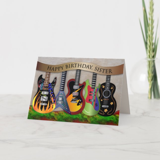 Cartão Irmã Aniversário Assordeira de Guitarras Coloridas (Frente)