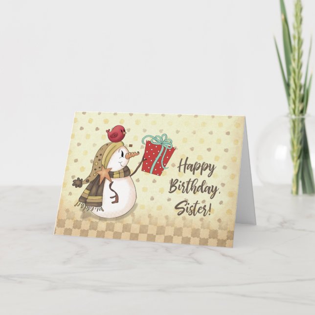 Cartão Irmã Birthday Bird em Snowman com Presente (Frente)