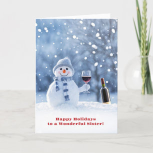 Cartão Irmã Feliz Feriados Engraçado Snowman e Wine