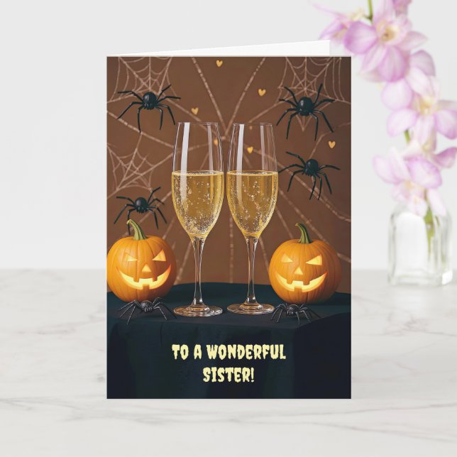 Cartão Irmã Feliz Halloween Champagne Alegra Engraçado (Orquídea)