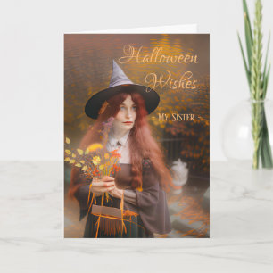 Cartão Irmã Halloween Deseja Bruxa e Buquê de outono