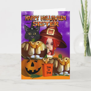 Cartão Irmã Halloween gatinho de abóbora