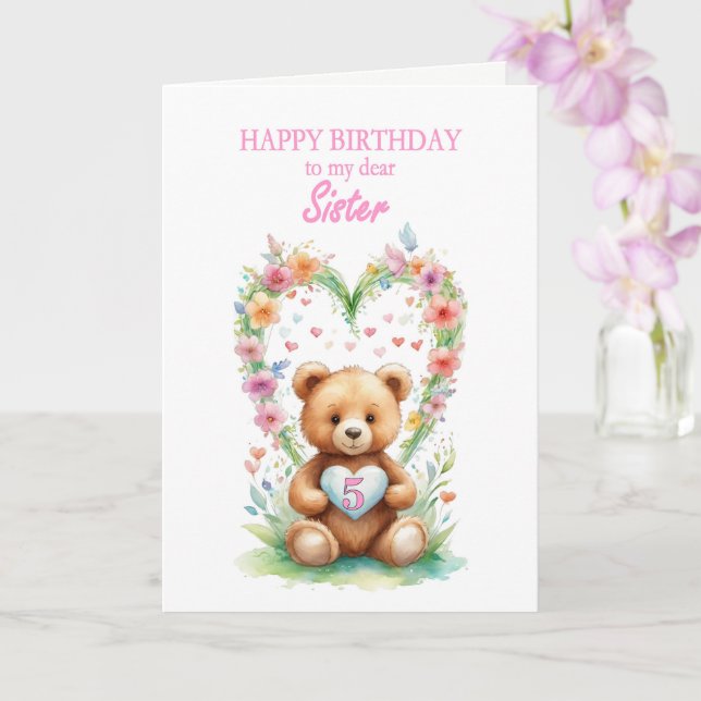 Cartão Irmã Idade 5 Urso de Teddy (Orquídea)