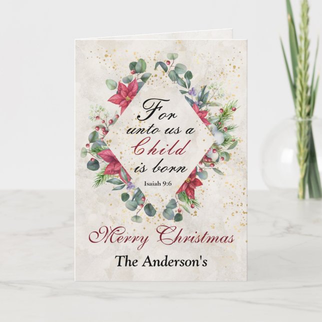 Cartão Isaiah 9:6 Para nós uma criança é nascer, Natal (Frente)