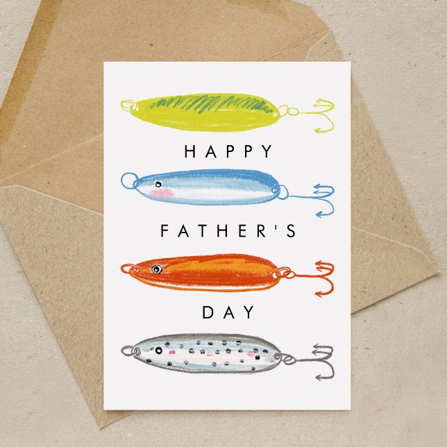 Cartão Isca de Pesca Feliz Dia dos Pais (Fishing bait illustration Happy Father's Day greeting card.)