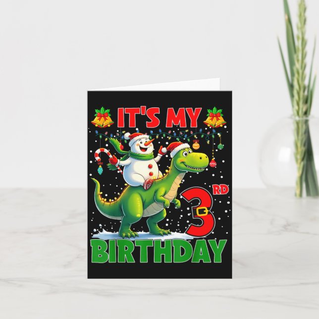 Cartão It’s My 3rd Birthday Xmas Snowman Riding Dinosaur  (Frente)