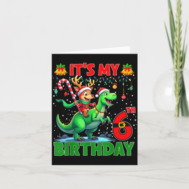 Cartão It’s My 6th Birthday Xmas Reindeer Riding Dinosaur (Frente)